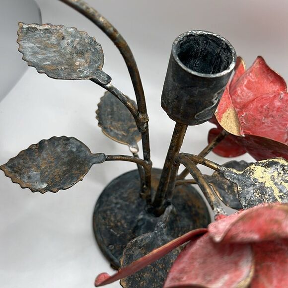 Metal Candle Holder Aged Welded Rustic Patina Pink Metallic Gold Roses w/ Leaves - Picture 11 of 17
